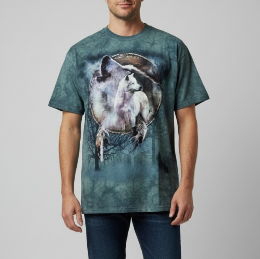 The Mountain Men's Teal Blue Wolf Tie Dye Graphic Short Sleeve Tee Size Large